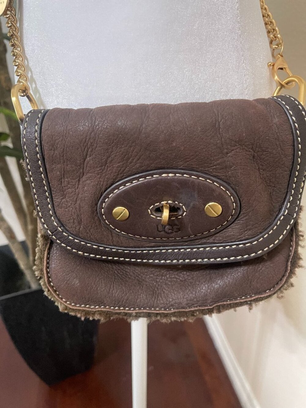 UGG Australia Suede Shearling Mini Crossbody Bag Brown Gold Chain